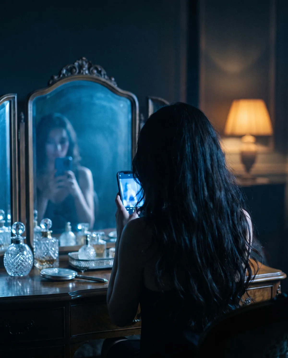 A woman photographing herself in a dressing table mirror by lamplight
